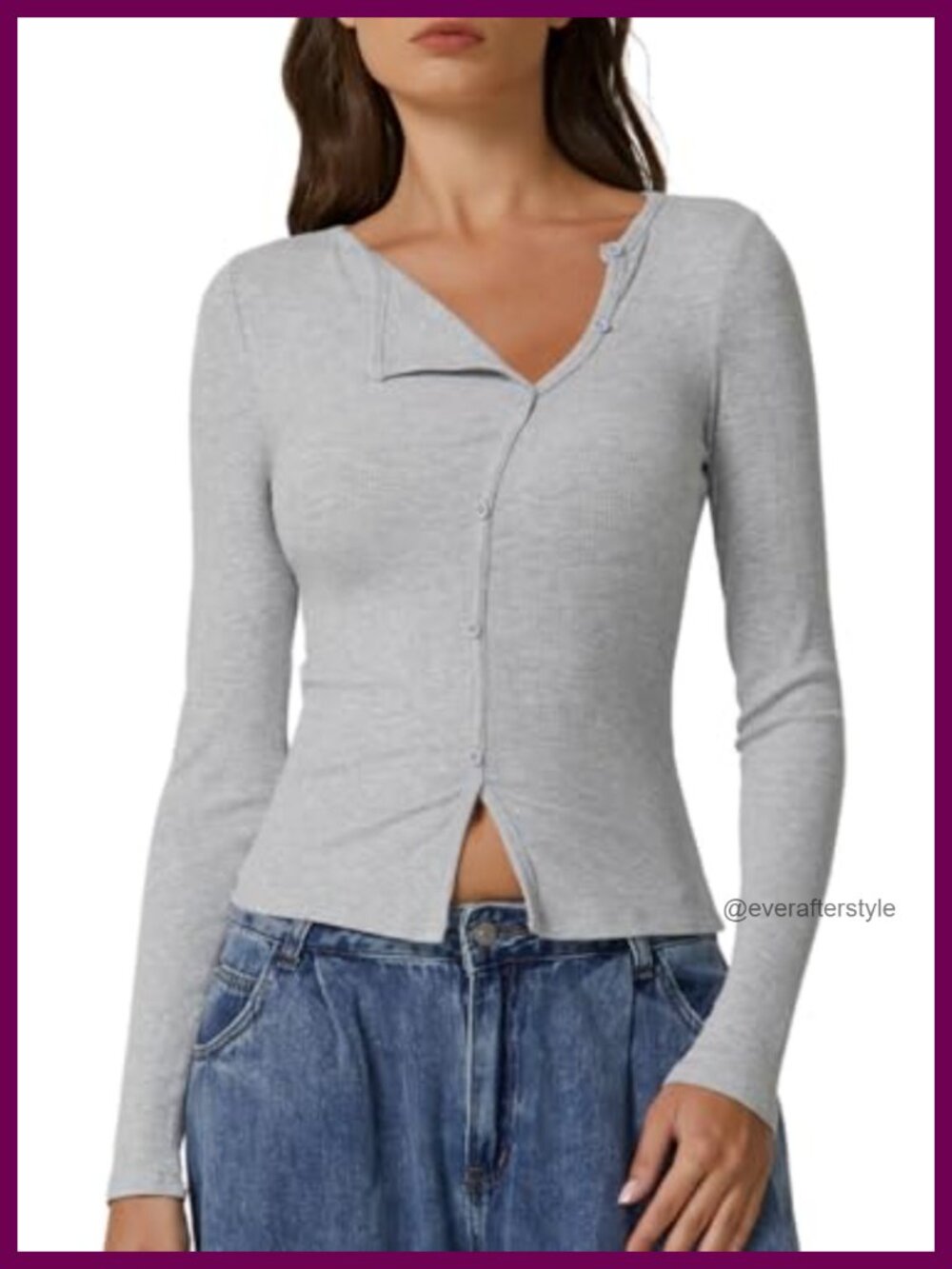Ribbed Knit Long Sleeve Crewneck Top Button Fastening Slim Fit